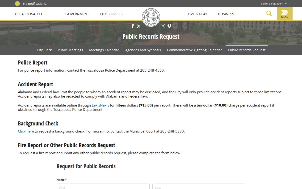City of Tuscaloosa public records request for police arrest records