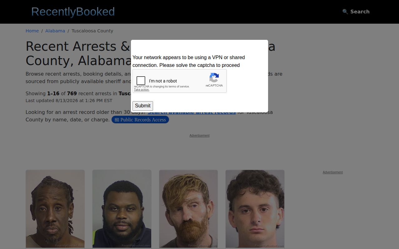 Tuscaloosa County mugshot news secondary RecentlyBooked section