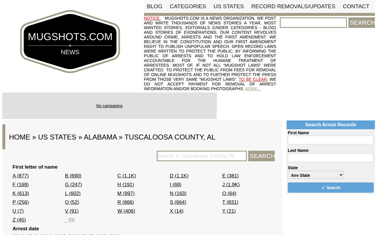 Tuscaloosa County historical mugshot news archive
